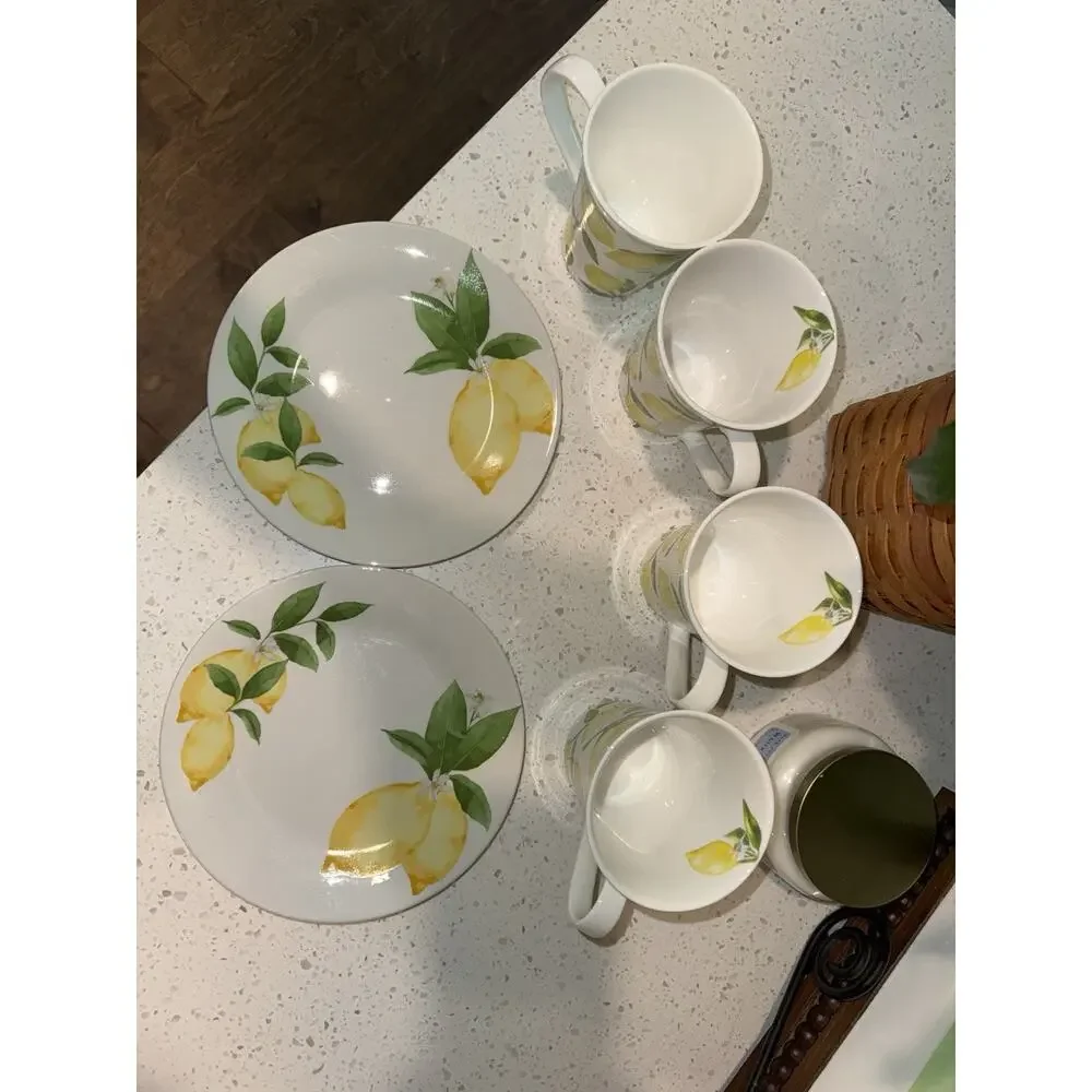 Set Of 4 Mikasa Lemons Bone China Mugs And 2 Royal Norfolk 7.5 Inch Lemon Plates